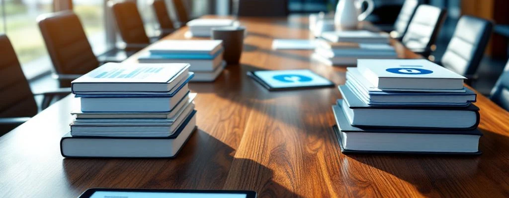 Moderne zorgverlening vergaderruimte met documenten, tablets met supply chain data en medische mappen op houten tafel