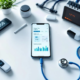 Moderne digitale zorgapparatuur en medische technologie op wit bureau met tablet, smartphone en stethoscoop