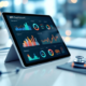 Tablet met kleurrijke KPI-dashboards en grafieken op medisch bureau met stethoscoop op de achtergrond