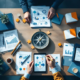Strategische planningsdocumenten en grafieken op vergadertafel met kompas en puzzelstukjes voor organisatiealignment