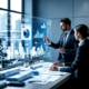 Consultants analyseren digitale inkoopanalyses voor woningcorporaties op touchscreen in moderne kantoorruimte met blauwgrijze tinten en AI-visualisaties.