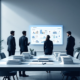Georganiseerde inkoopruimte met contracten en woondocumenten op conferentietafel; silhouetten van professionals bespreken aanbestedingsworkflow in minimalistisch kantoor met blauwe tinten.