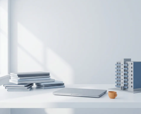 Minimalistische werkplek met gestapelde documenten, laptop en architectuurmodel van woonblok op wit bureau.