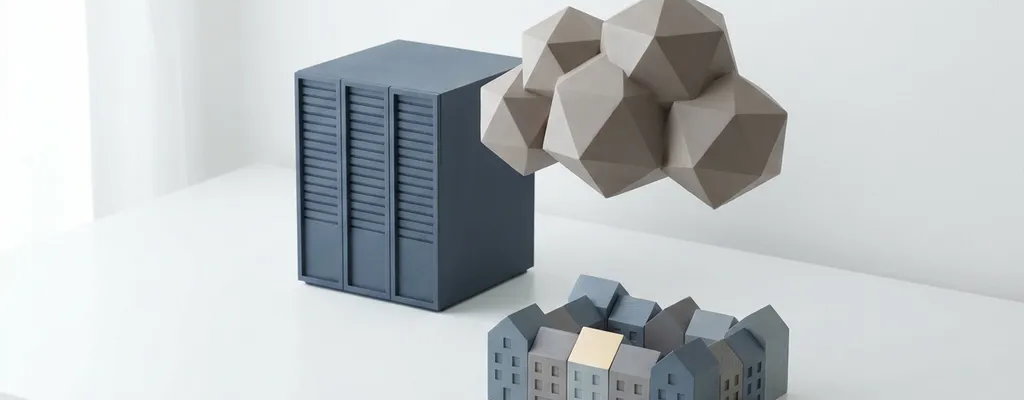 Serverrack en wolkmodel op wit bureau naast een architectuurmodel van een woongebouw, in leisteenblauw en warmgrijs met goudaccent.