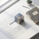 Modulair ERP-systeemonderdeel dat naadloos aansluit op een architectonische plattegrond, met een verouderde map ernaast op een wit bureau.
