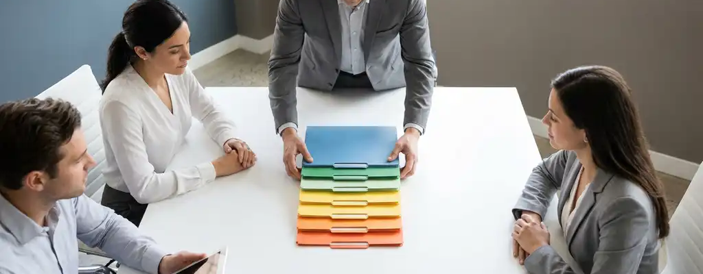 Professional rangschikt kleurgecodeerde mappen in hiërarchische structuur op wit vergadertafel, collega's kijken toe in modern kantoor.