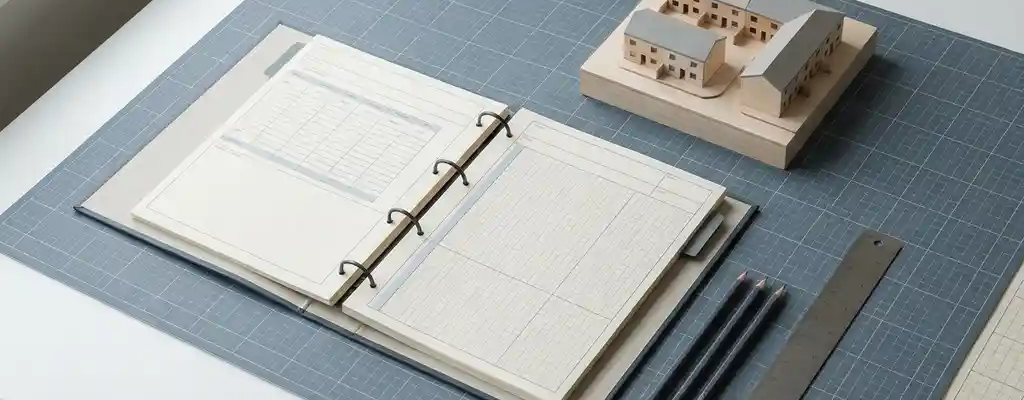 Open ordner met dataoverzichten naast een architectuurmodel van een woonblok op een strak bureauoppervlak met rasterlijnen.